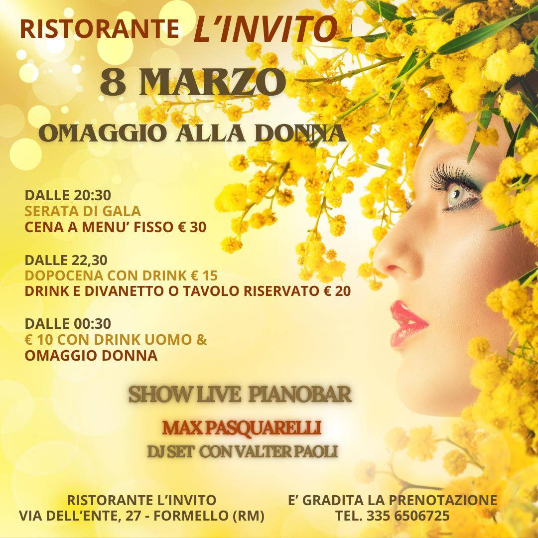 flyer Festa della Donna ristorante l'invito Formello 8 Marzo 2025